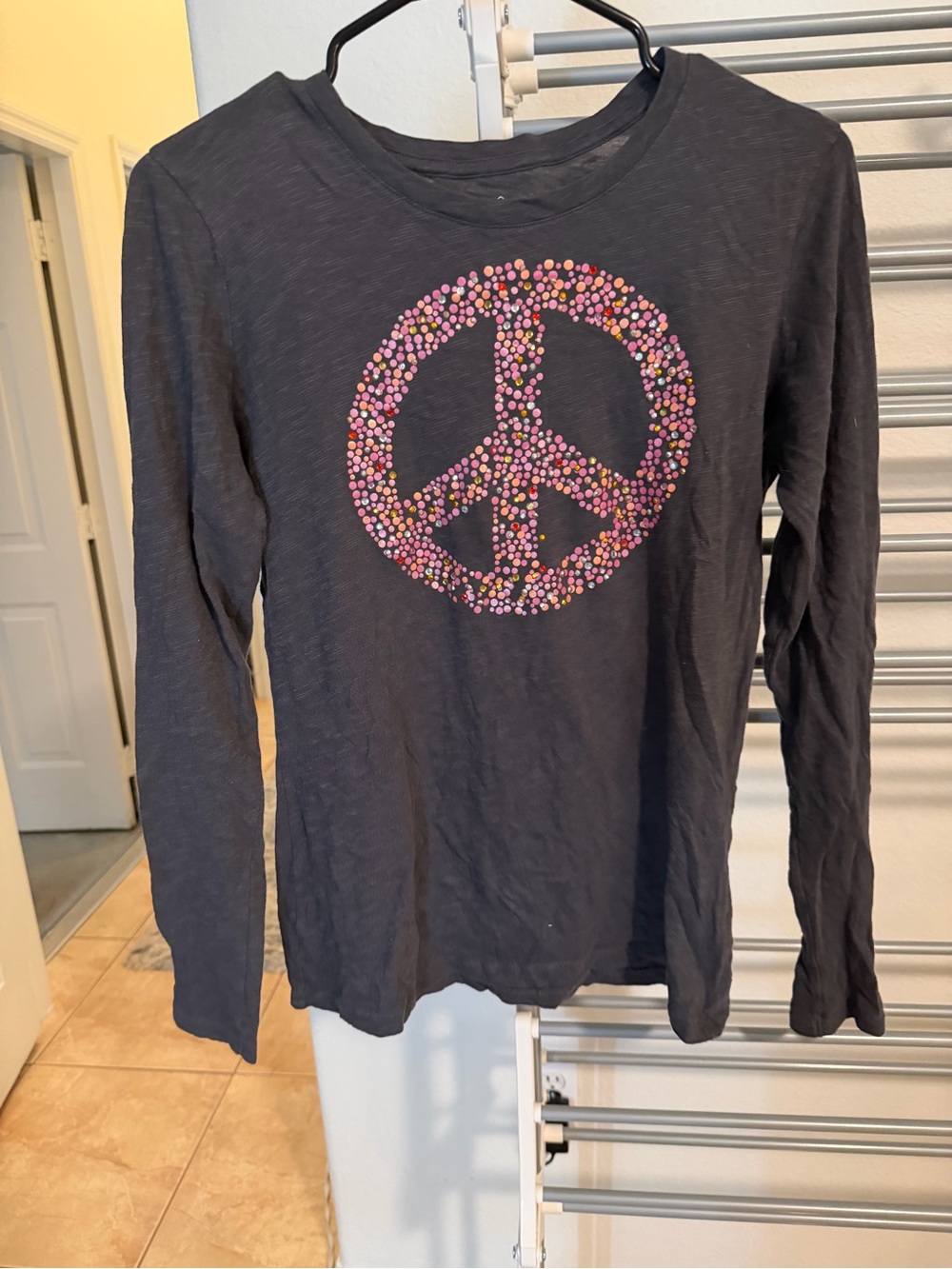 Woman’s Long-Sleeve Peace Graphic Tee - Dark Gray with Pink Accent